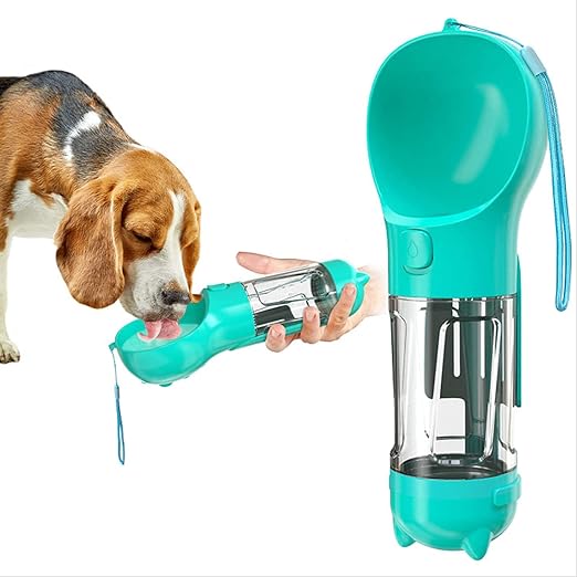 Green RoadSip travel water bottle beside a dog drinking from the integrated trough
