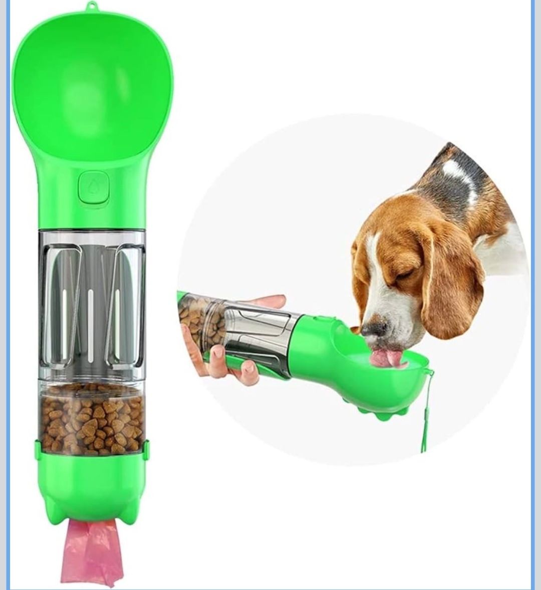 Beagle drinking from a green RoadSip travel water bottle