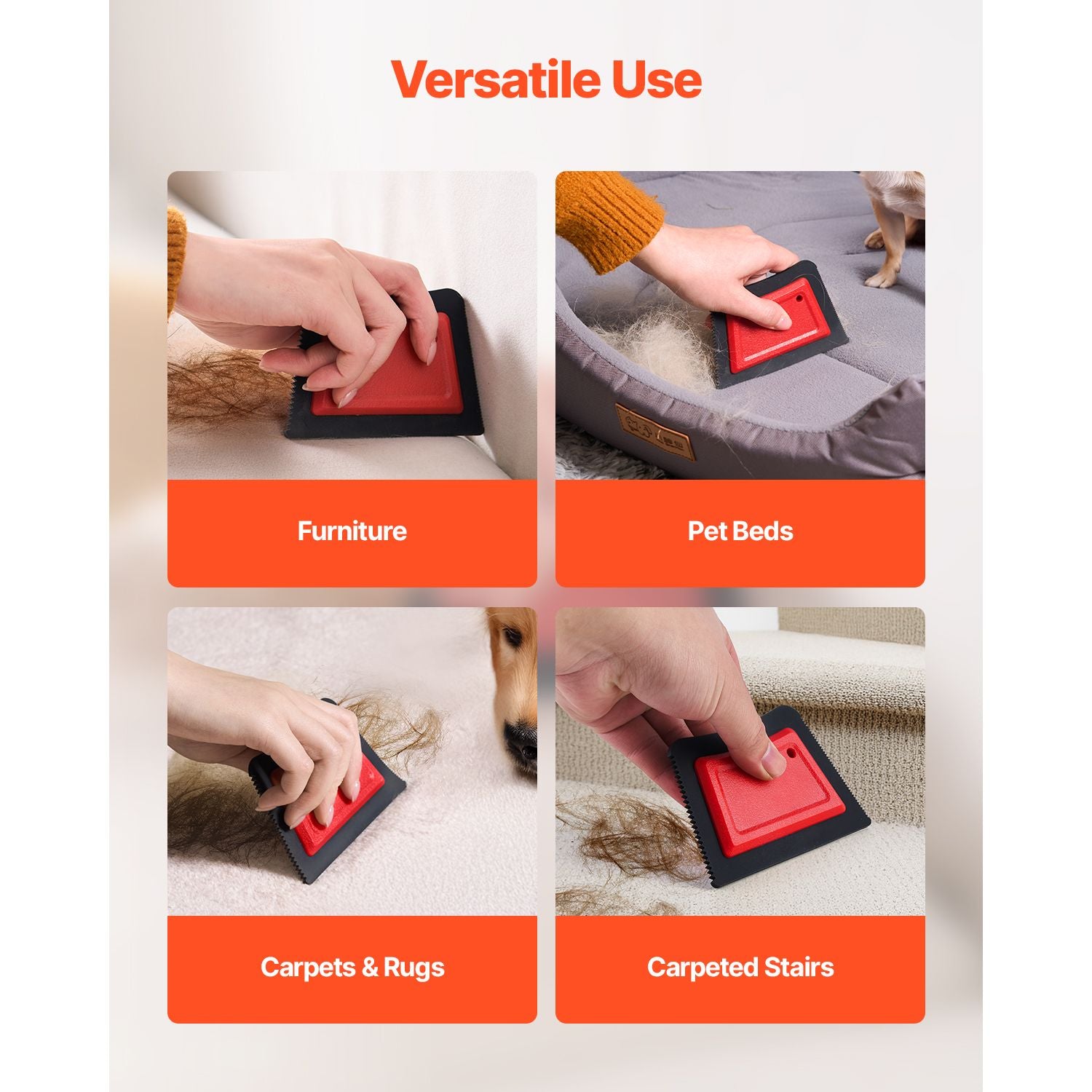 FurSwipe shown on furniture, a pet bed, a rug, and carpeted stairs