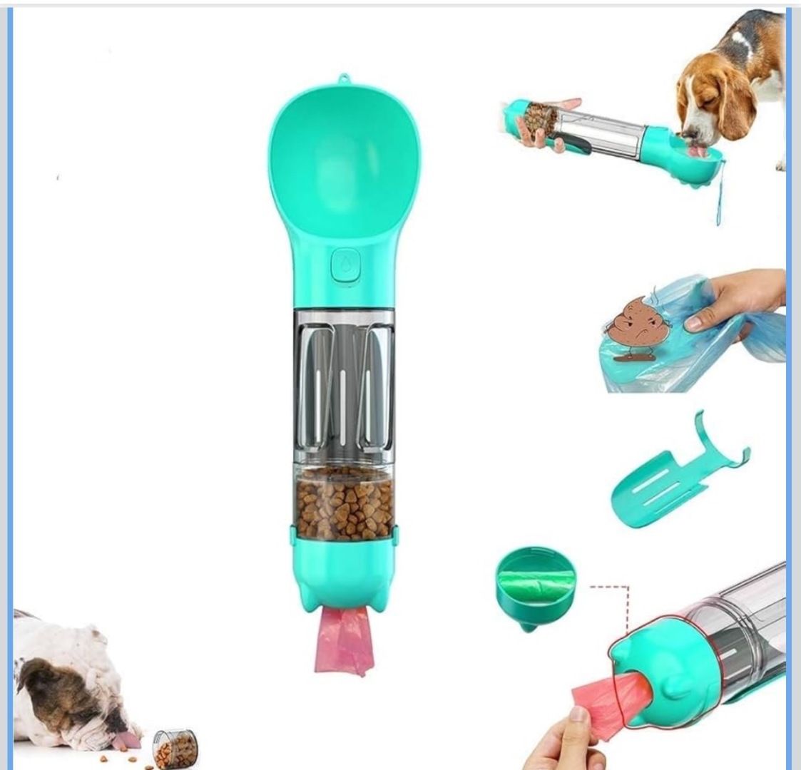 Green RoadSip bottle with drinking, scoop, treat-storage, and waste-bag features shown