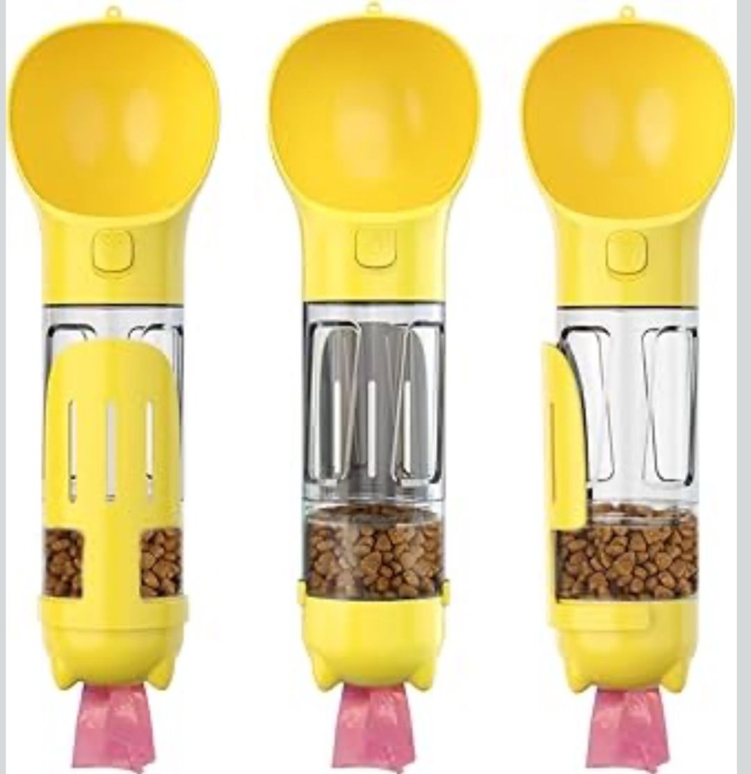 Yellow RoadSip travel bottle shown from three sides with water, treat, and waste-bag compartments