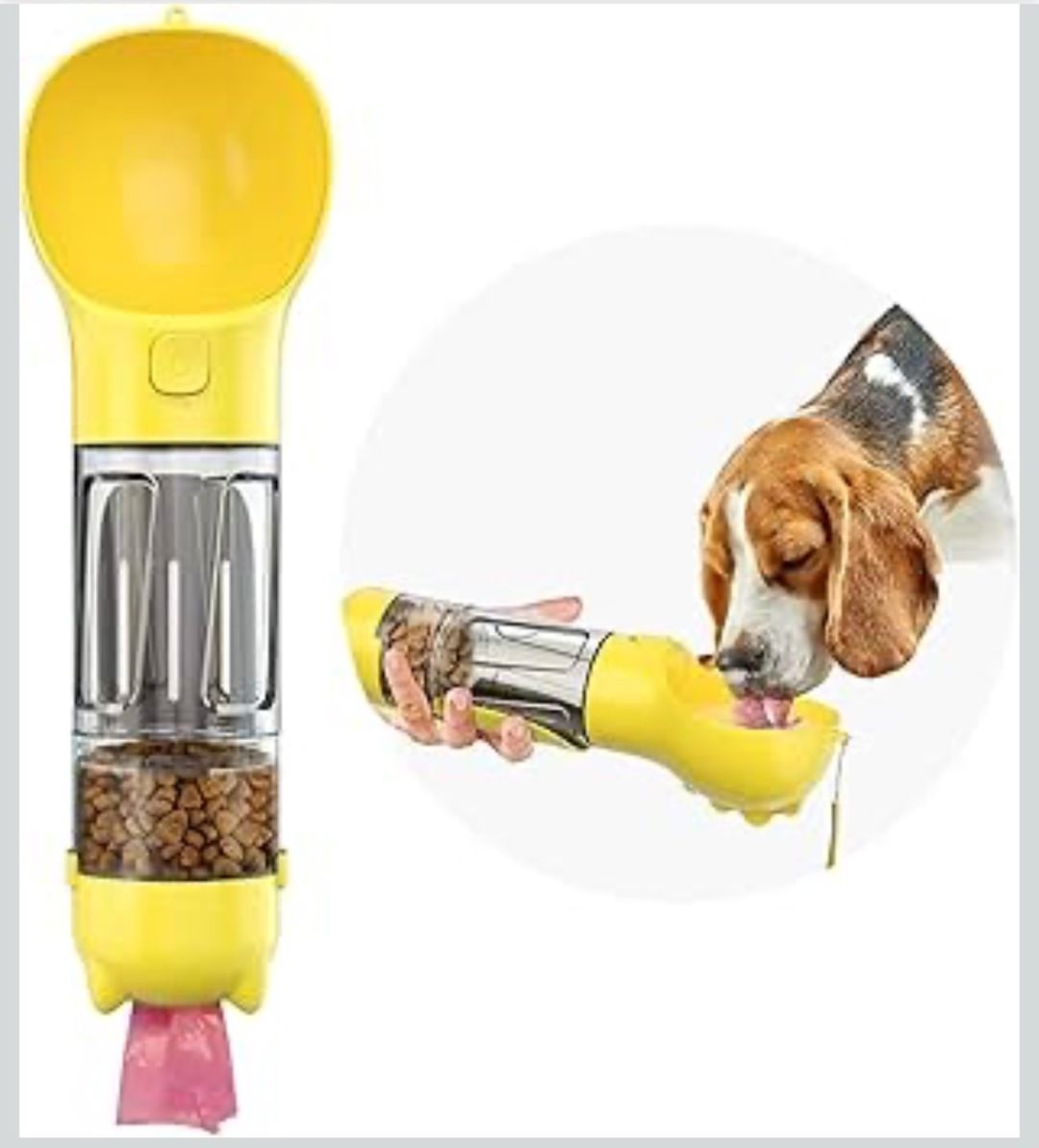 Beagle drinking from a yellow RoadSip travel water bottle